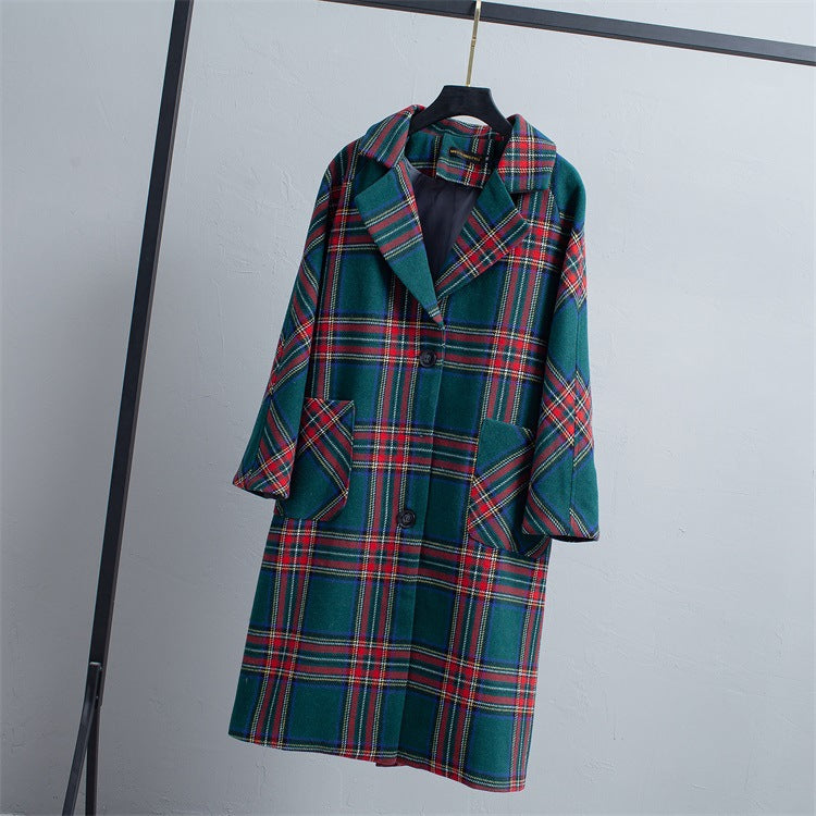 Lapel Collar Plaid Women Oversized Peacoat Coat