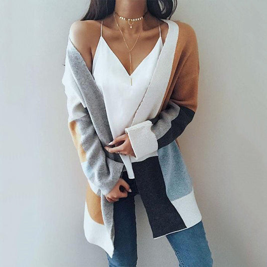 Color Block Patchwork Oversize Women Cocoon Long Cardigan