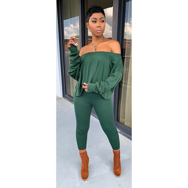 One Shoulder Crop Top High Waist Skinny Pants Set