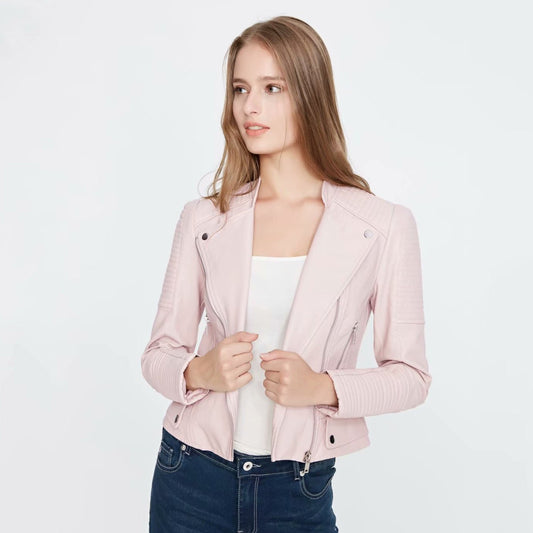 Stand Collar Lapel Oblique Zipper Women Slim Cropped Motorcycle Jacket