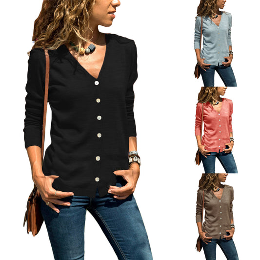 V-neck Buttons Solid Color Women Slim  Cardigan