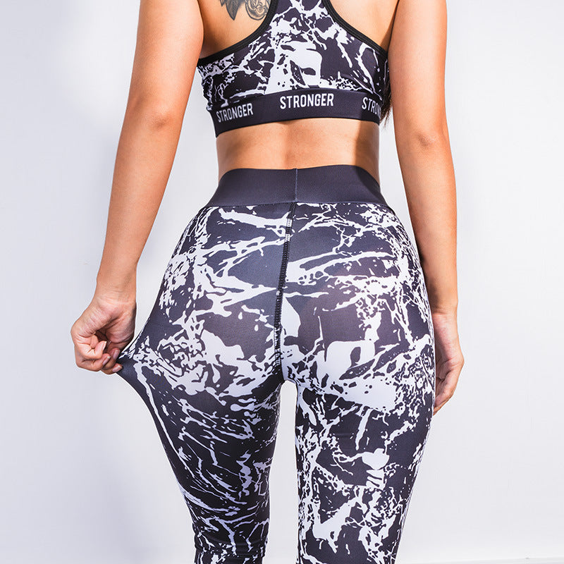 3D Print Letter Crop Top with High Waist Leggings Women Summer Sports Two Pieces Set