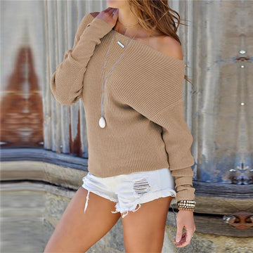 Off the Shoulder Boat Neckline Solid Color Women Sweater