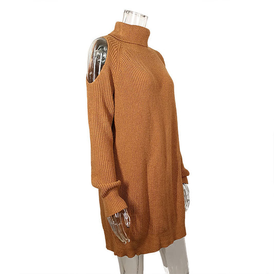 Turtleneck High Neck Bear Shoulder Loose Oversized Sweater Dress