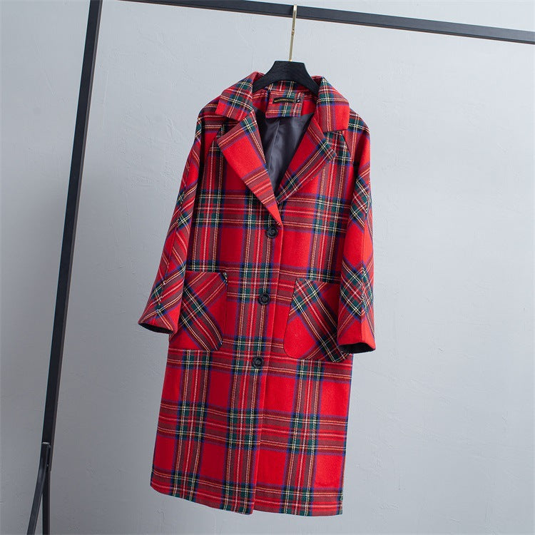 Lapel Collar Plaid Women Oversized Peacoat Coat