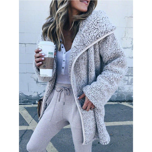 Solid Color Zipper Women Loose Teddy Long Coat