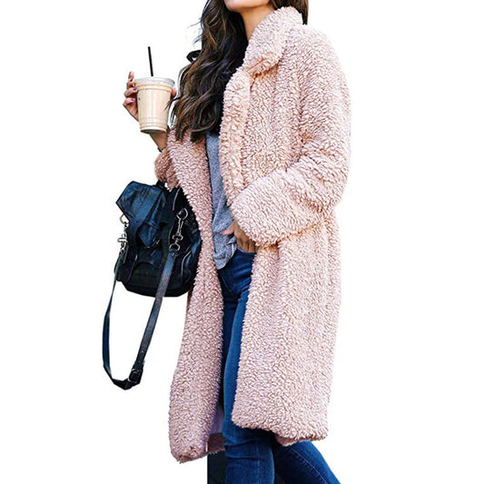 Lapel Collar Women Solid Color Oversized Teddy Coat