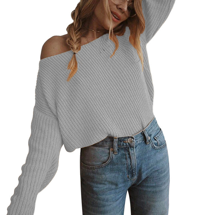 Boat Neck Bare Shoulder Solid Color Women Pullover Sweater