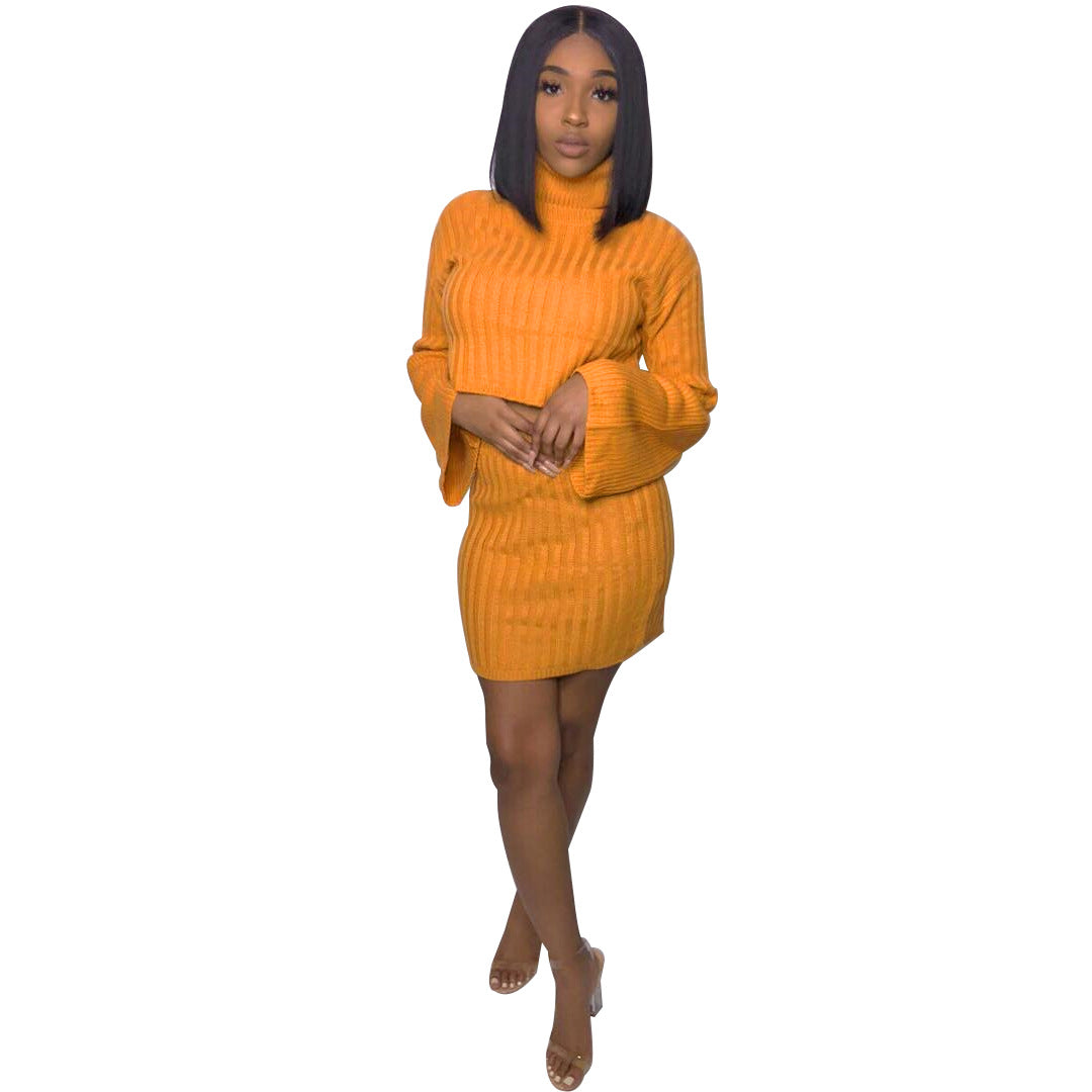 Bright Color Turtleneck Long Trumpet Sleeve with High Waist Short Skirt Two Pieces Set