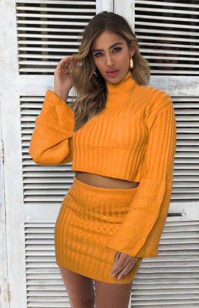 Bright Color Turtleneck Long Trumpet Sleeve with High Waist Short Skirt Two Pieces Set