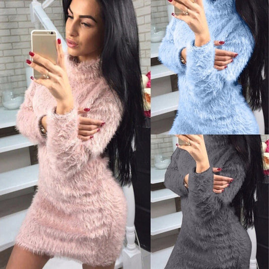 High Turtleneck Fairy Solid Color Women Oversized Long Sweater Dress