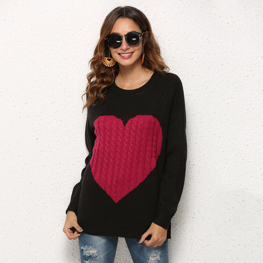 Heart Patchwork Scoop Women Slim Pullover Sweater