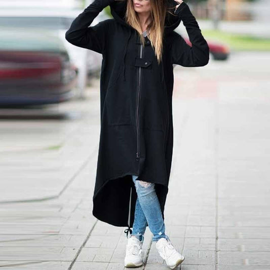 Solid Color Zipper Women Oversized Irregular Hooded Long Coat