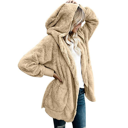 Pockets Solid Color Women Loose Hooded Oversized Teddy Coat