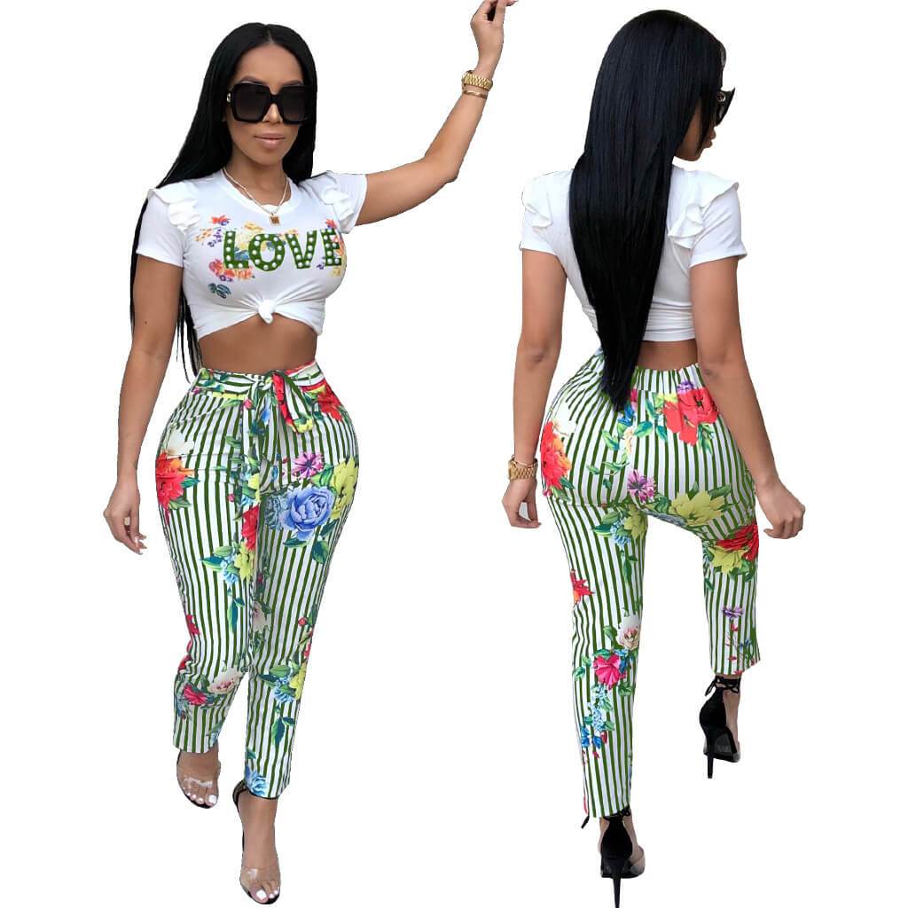 Letter Crop Top Striped Print Skinny Pants Set