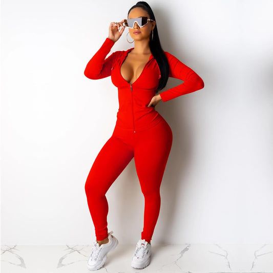 Hoodie Zipper Skinny Bodycon Long Sleeve Blouse Pants Sets