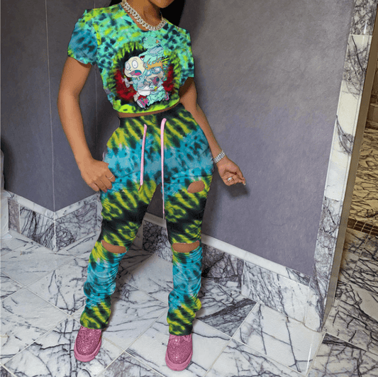 Sexy Tie dye Carton Print Bodycon Strap Two Pieces Set