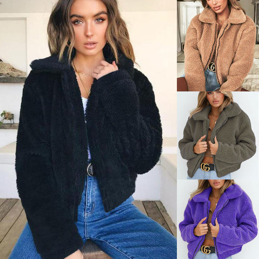 Lapel Zipper Solid Color Women Cropped Faux Fur Teddy Coat