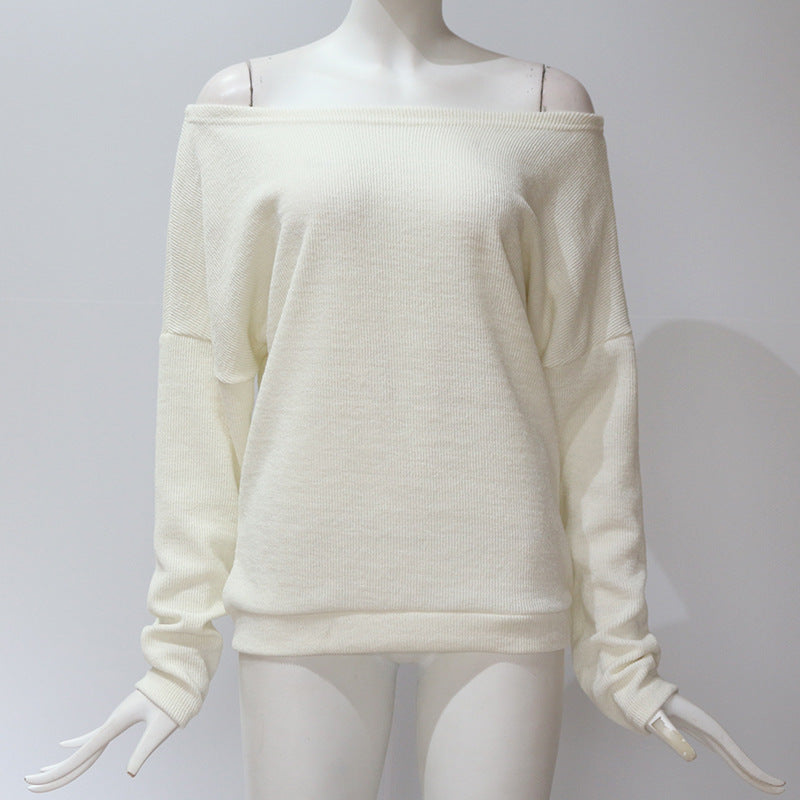 Off the Shoulder Boat Neckline Solid Color Women Sweater