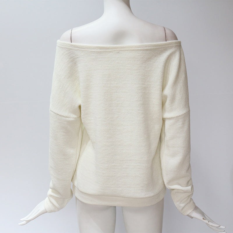 Off the Shoulder Boat Neckline Solid Color Women Sweater