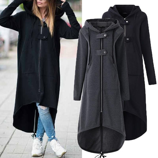 Solid Color Zipper Women Oversized Irregular Hooded Long Coat