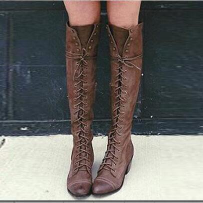 Retro Cross Strap Flat Lace Up Knee High Boots