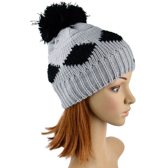 New Women's Diamond Grid Pattern Beanie Crochet Knit Winter Hat Large Ball Cap Ski