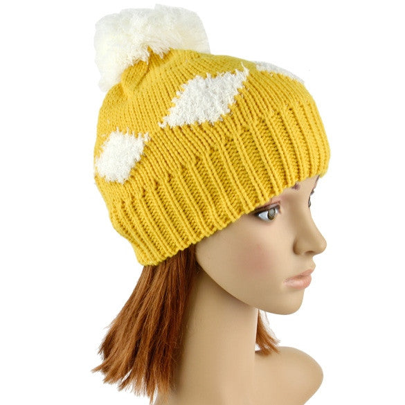 New Women's Diamond Grid Pattern Beanie Crochet Knit Winter Hat Large Ball Cap Ski