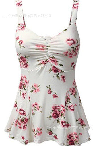 Square Straps Flower Print Sleeveless Tank Top