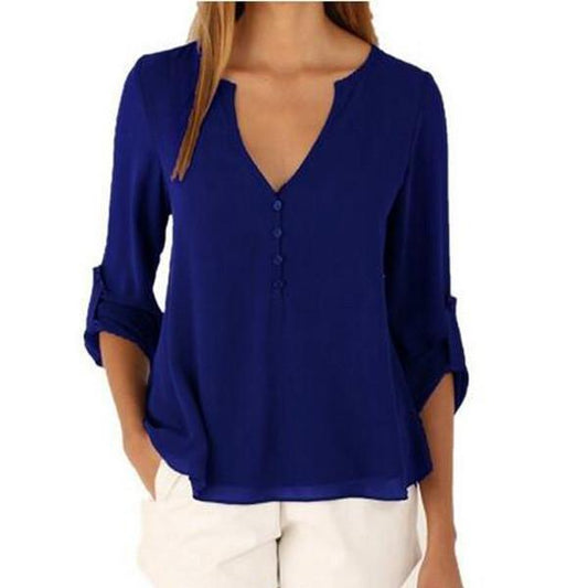 V-neck Long Sleeves Loose Plus Size Chiffon Blouse