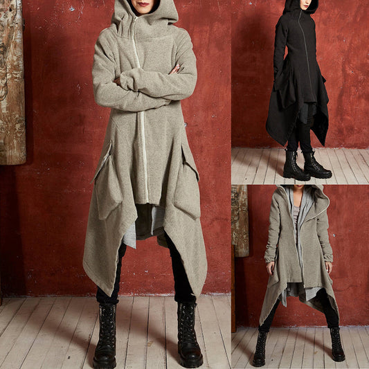 Solid Color Zipper Big Pockets Women Hooded Oversized Irregular Coat