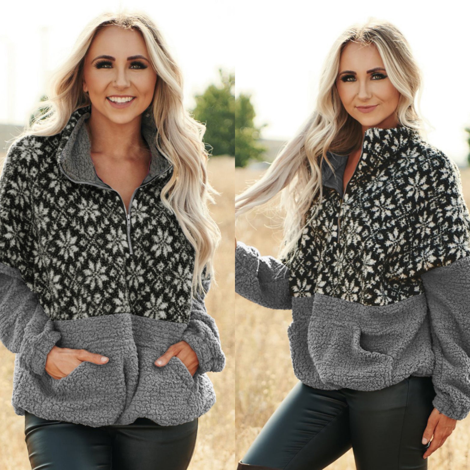 Snow Print Patchwork Fluffy High Neck Women Loose Hoodie