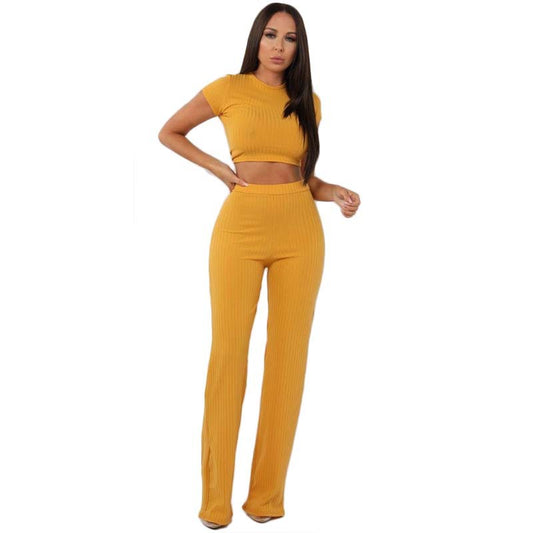 Short Sleeves Cropped T-shirt with Long Wide-leg Pants Women Two Pieces Set