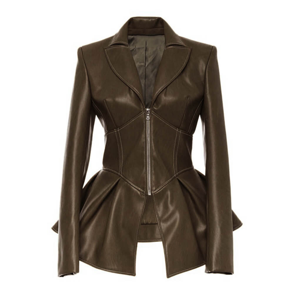 PU Faux Leather Zipper Blazer