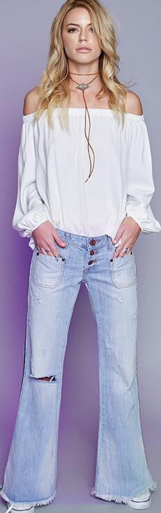 Fashion Low Waist Hole Long Wide Leg Denim Pants