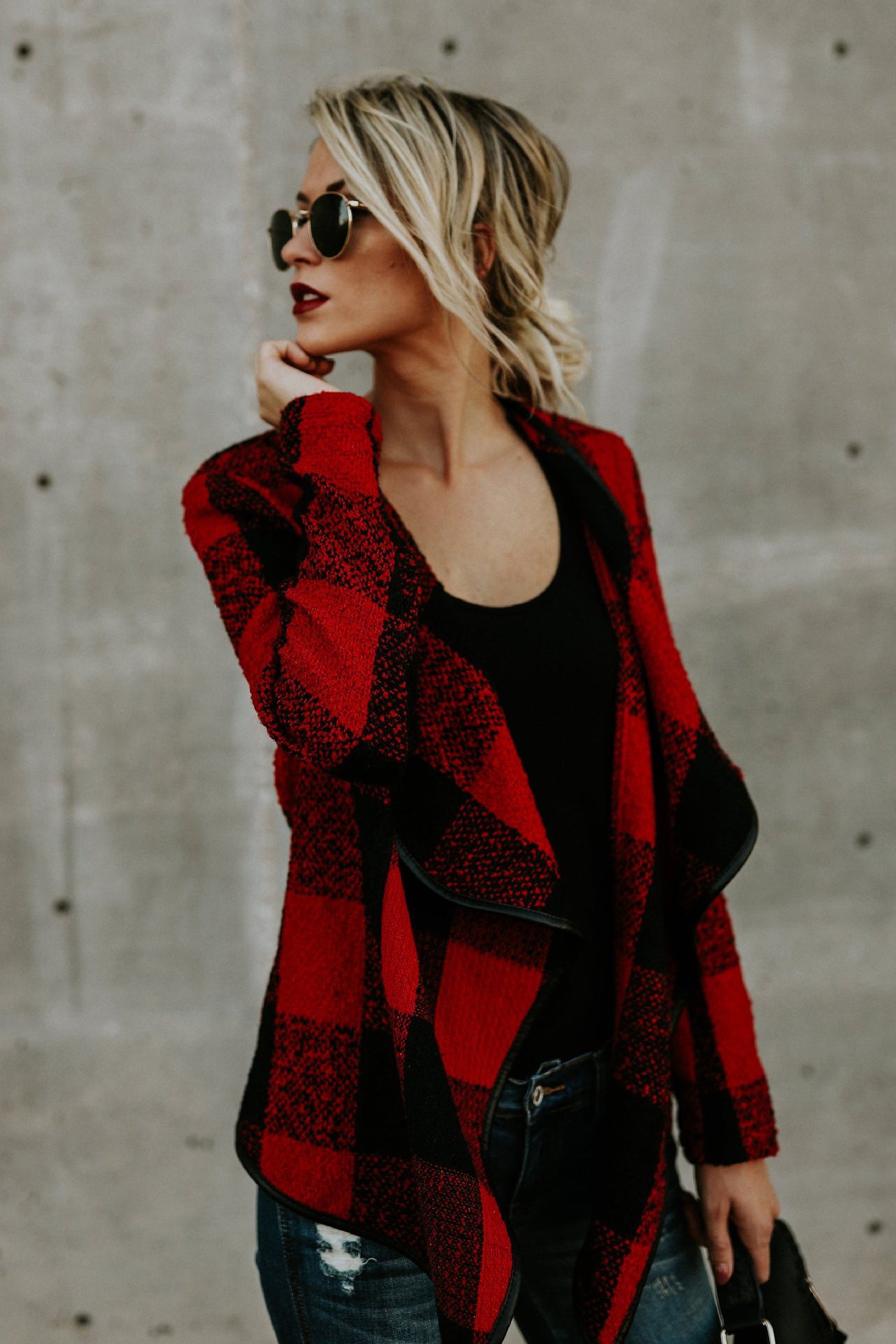 Plaid Lapel Loose Color Block Irregular Short Cardigan Coat