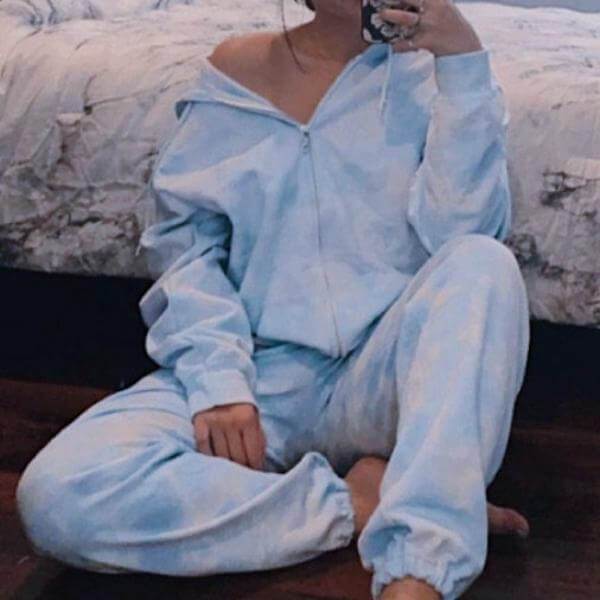 Casual Blue Print Loose High Waist Long Sleeve Zipper Two Pieces Set