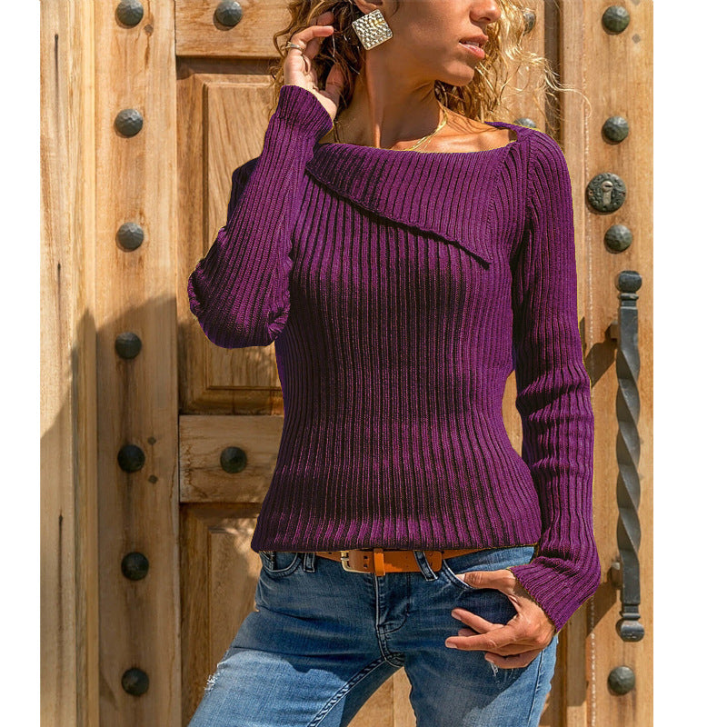 Solid Color Lapel Collar Women Slim Sweater