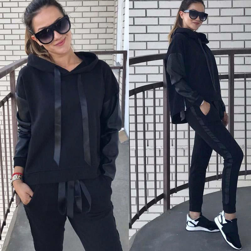 Solid Color Draw-sting Loose Hoodie with Long Pants Women Casual Two Pieces Set