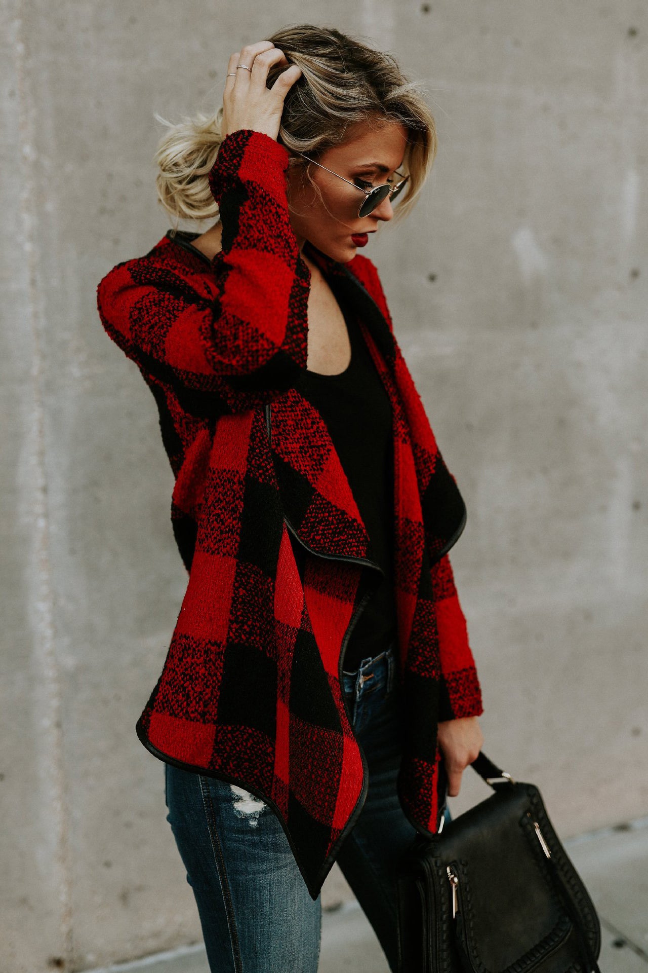 Plaid Lapel Loose Color Block Irregular Short Cardigan Coat