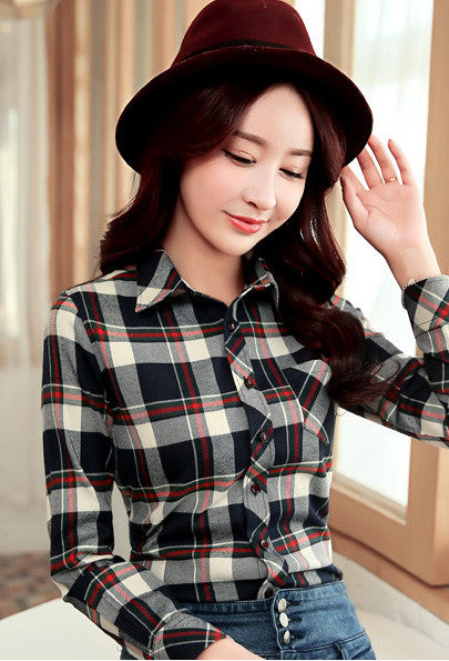 Long Sleeves Slim Plaid Turn-down Collar Flower Print Blouse