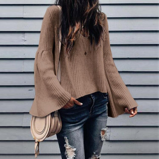 Solid Color V-neck Women Loose Bell Sleeve Sweater