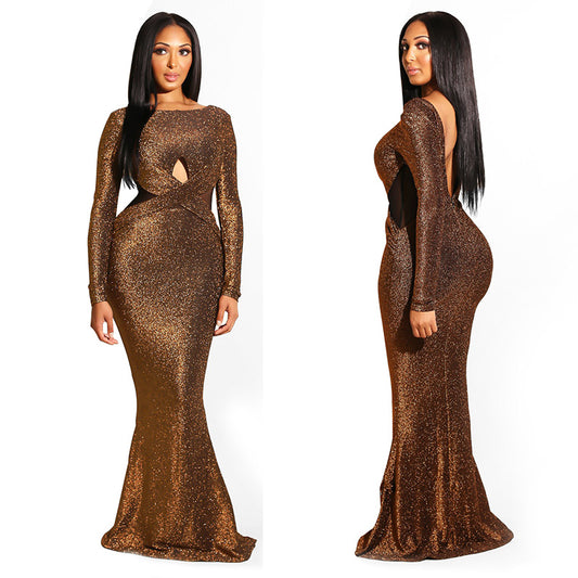 Sequin Cutout Backless Bodycon Long Sleeve Maxi Dress