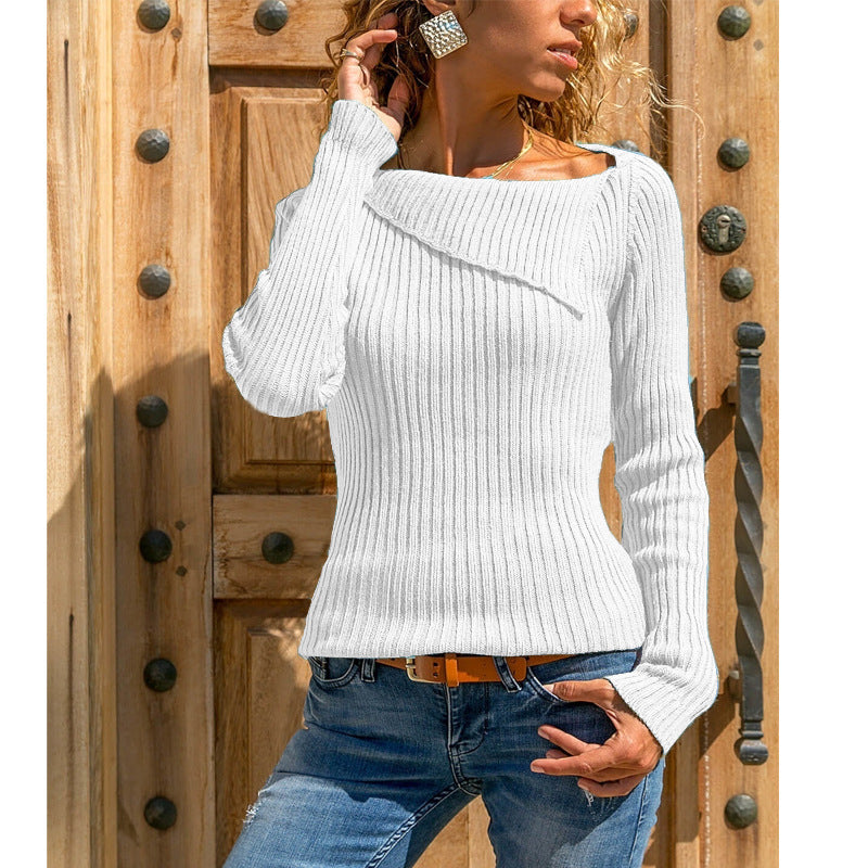 Solid Color Lapel Collar Women Slim Sweater