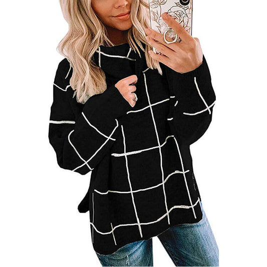 Turtleneck Plaid Slits Knit Sweater