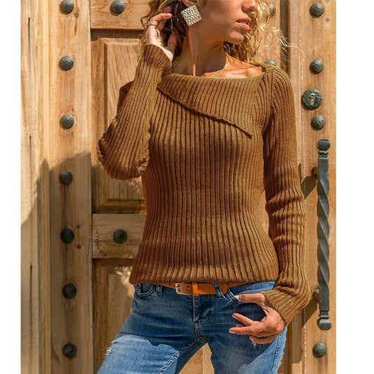 Solid Color Lapel Collar Women Slim Sweater