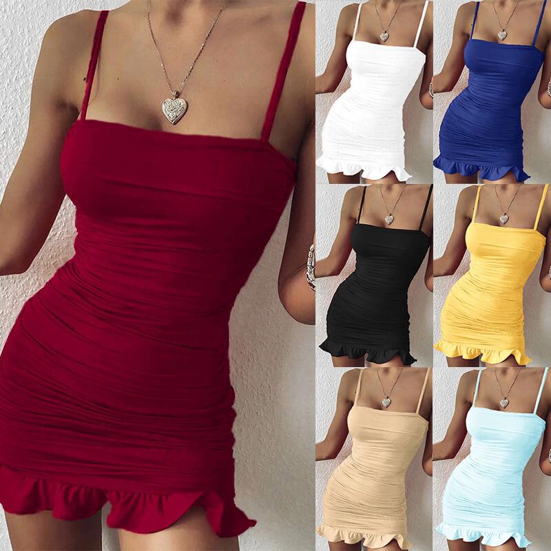 Square Neck Ruffle Hem Sling Bodycon Dress