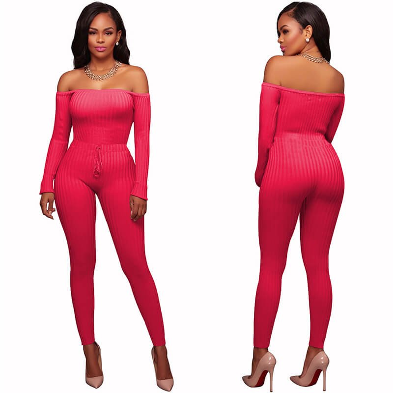 Knit Off Shoulder Bodycon Skinny Jumpsuit