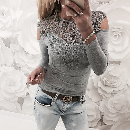 Lace Slim Scoop Patchwork Long Sleeves Cut Out Blouse