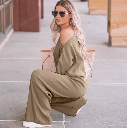 Casual Khaki Loose High Waist Long Sleeve Wide Leg Two Pieces Set